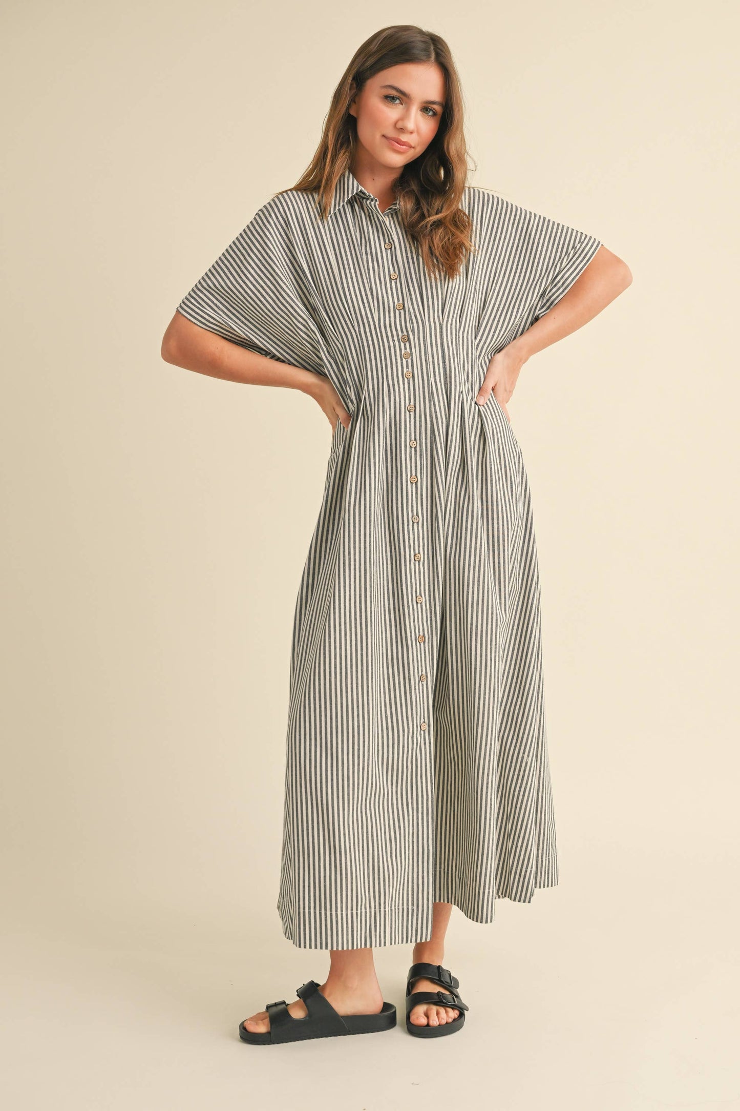New Striped Button-down Shirt Dress