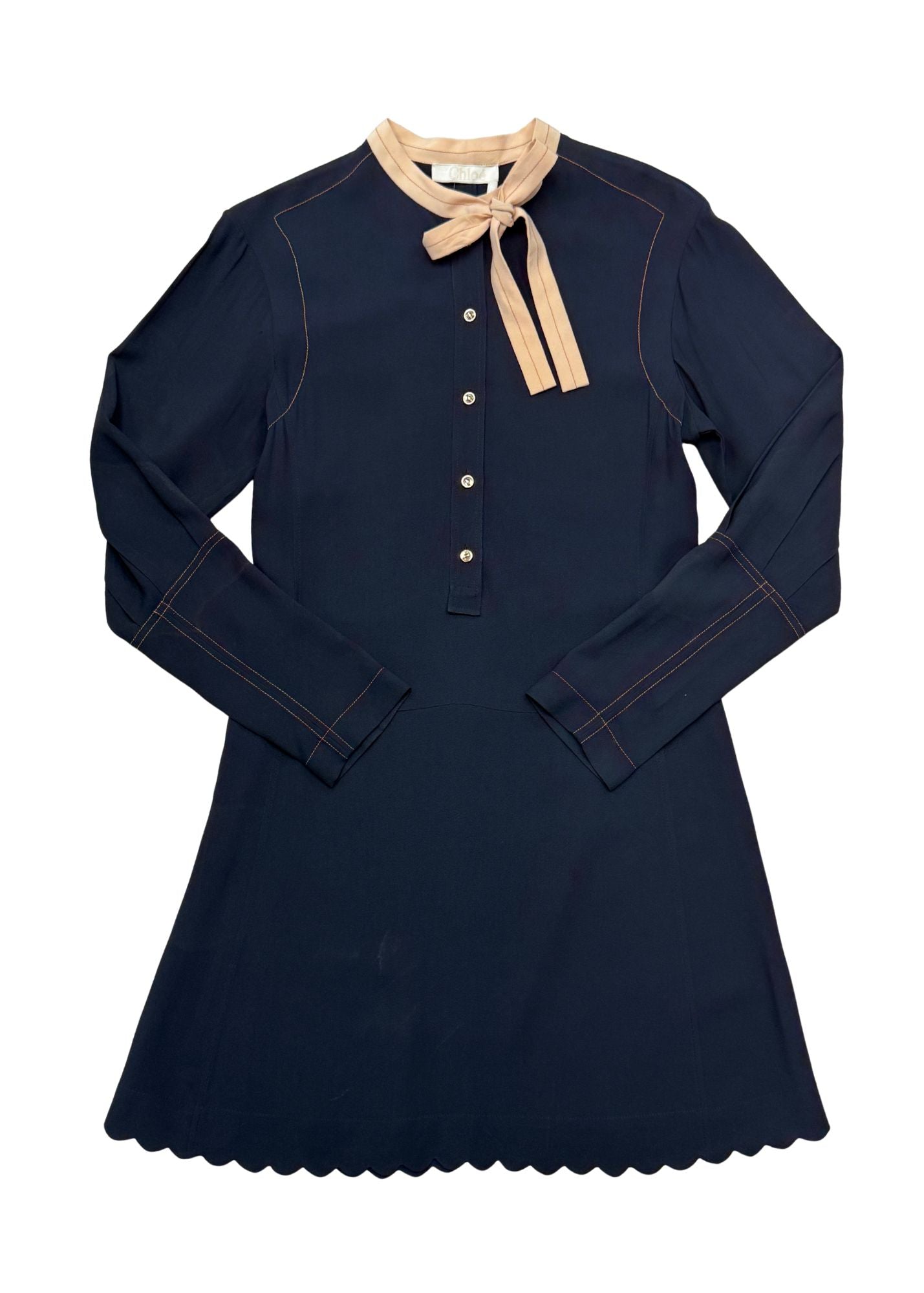 Pre-loved Chloe Navy/Pink Silk Quarter Button Long Sleeves Mini Dress - Size S