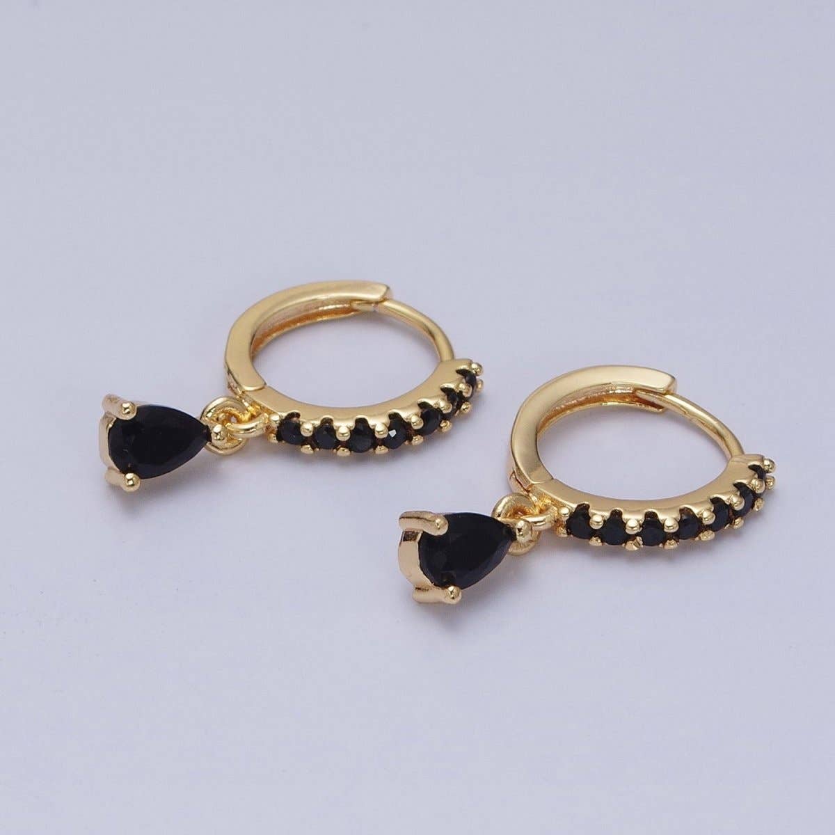 16K Gold Filled Black CZ Teardrop Micro Paved Huggie Earrings