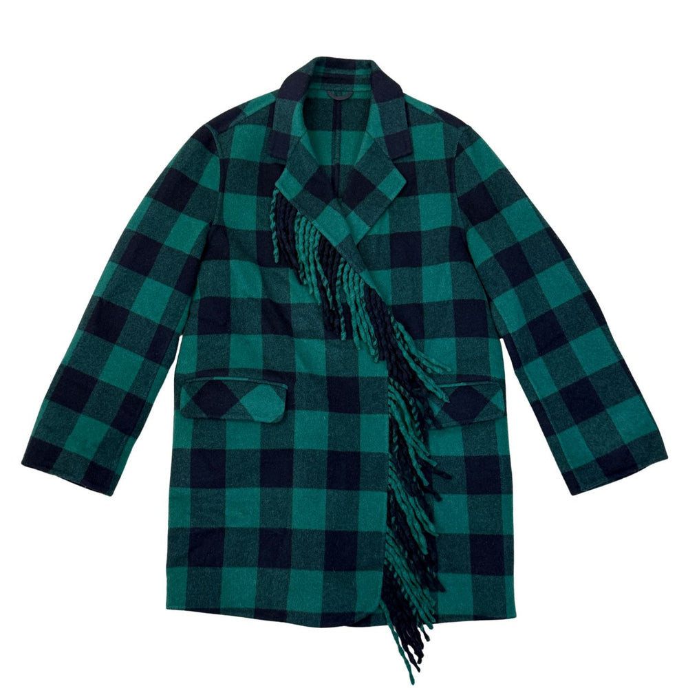 Pre-loved Green & Navy Plaid Fringe Double Breasted Coat - Size S