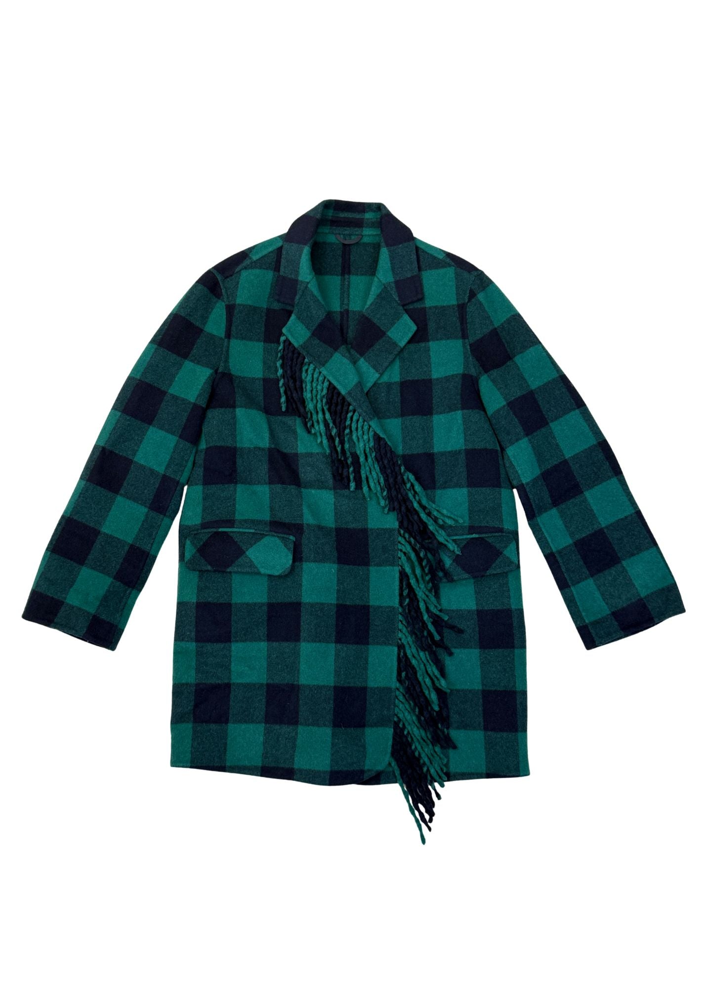 Pre-loved Green & Navy Plaid Fringe Double Breasted Coat - Size S