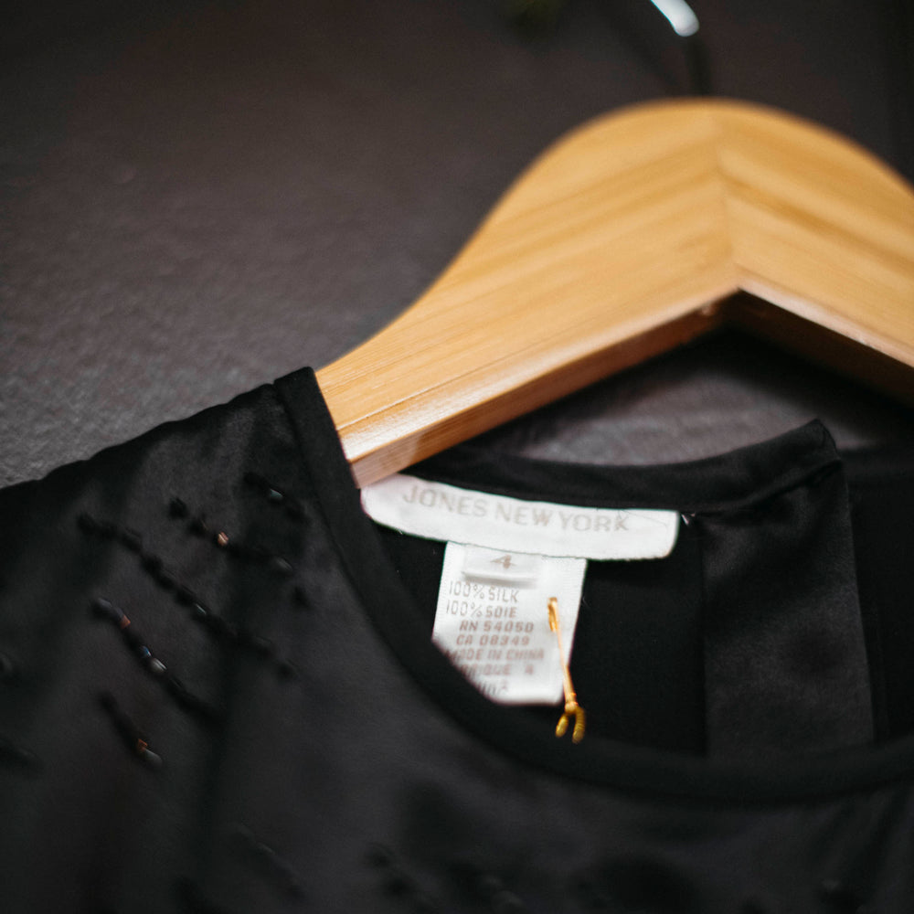 
                      
                        Vintage Jones New York Silk Sequined Black Blouse - Size S
                      
                    