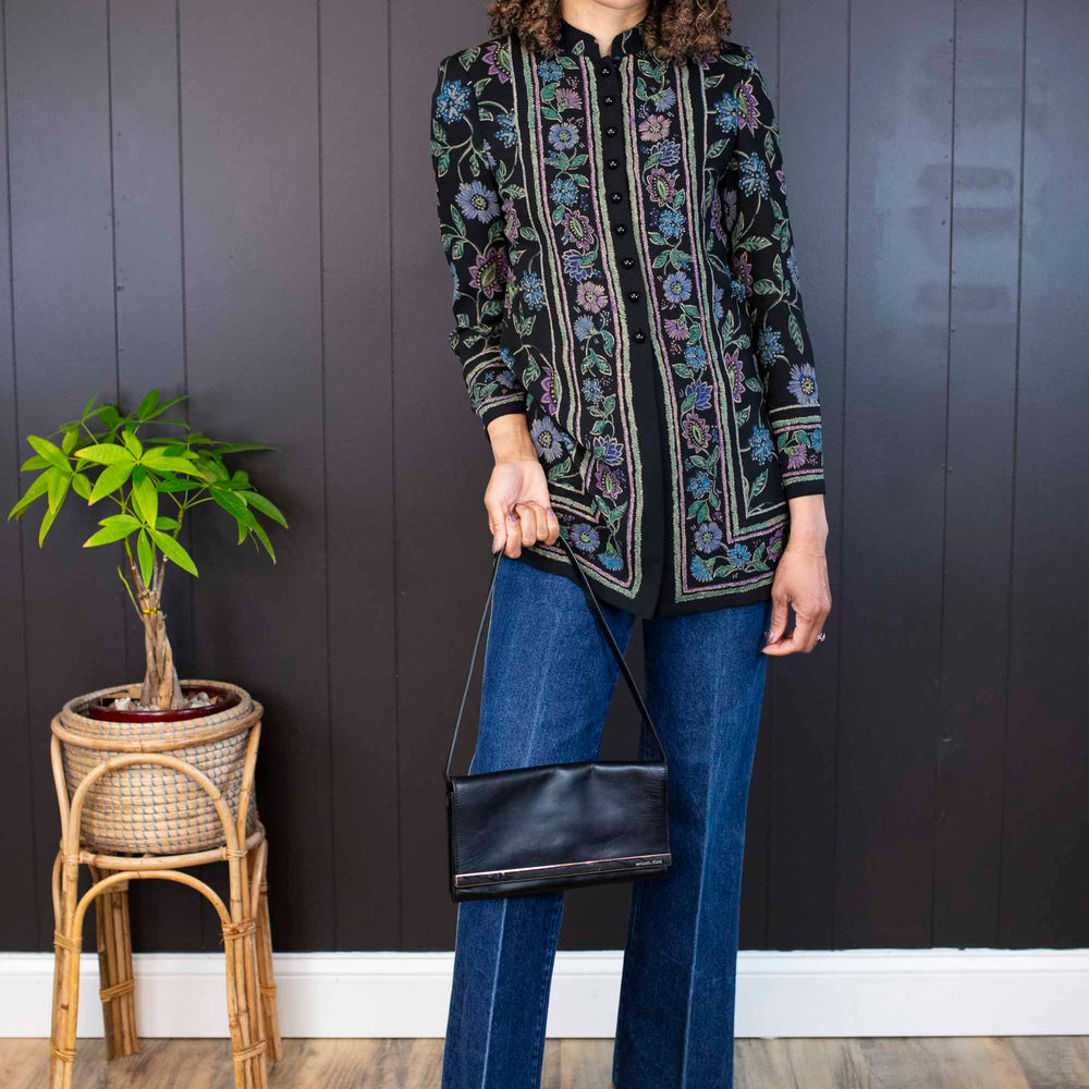 
                      
                        Vintage Liz Claiborne Black Floral Blouse with Mandarin Collar - Size XS
                      
                    