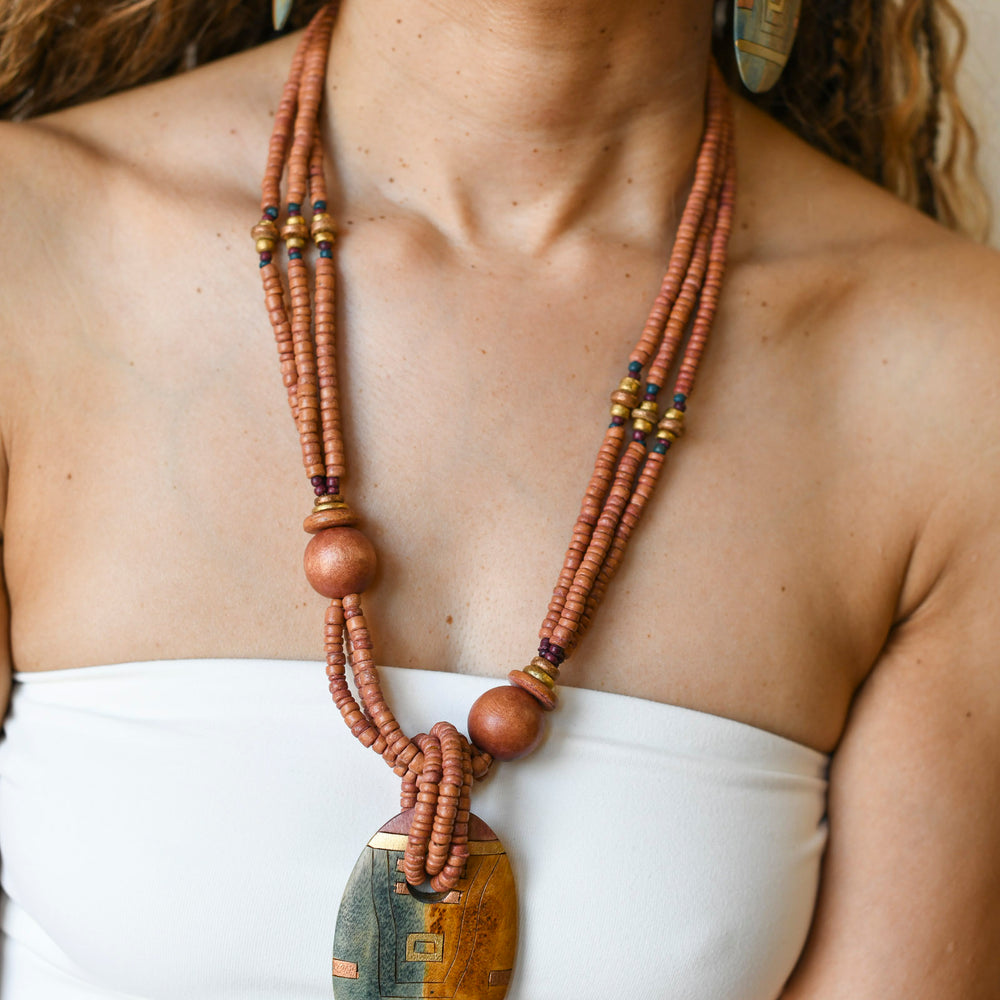 Vintage Large Wood Medallion Boho Necklace