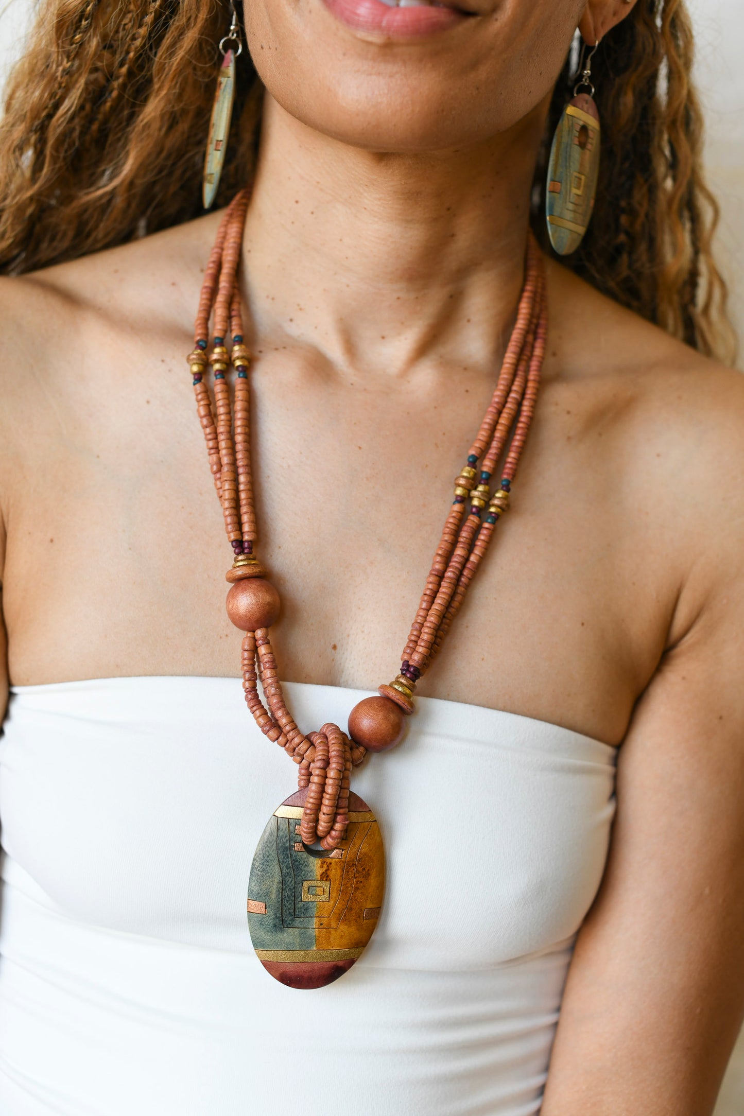 Vintage Large Wood Medallion Boho Necklace