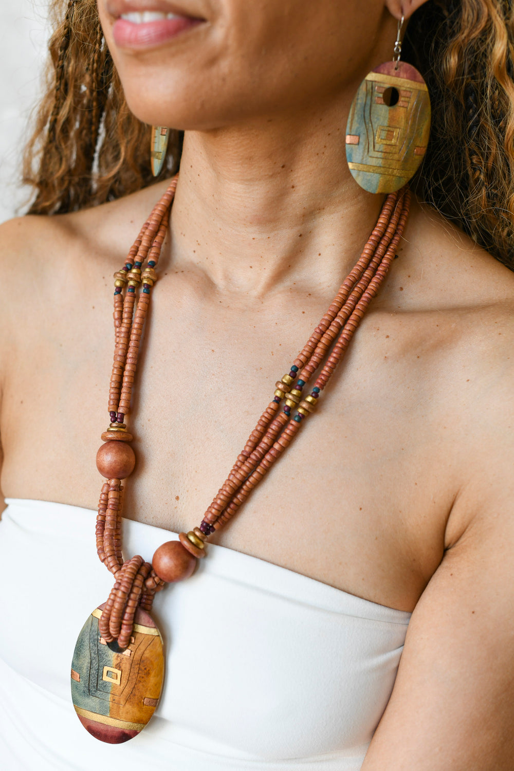 Vintage Large Wood Medallion Boho Necklace