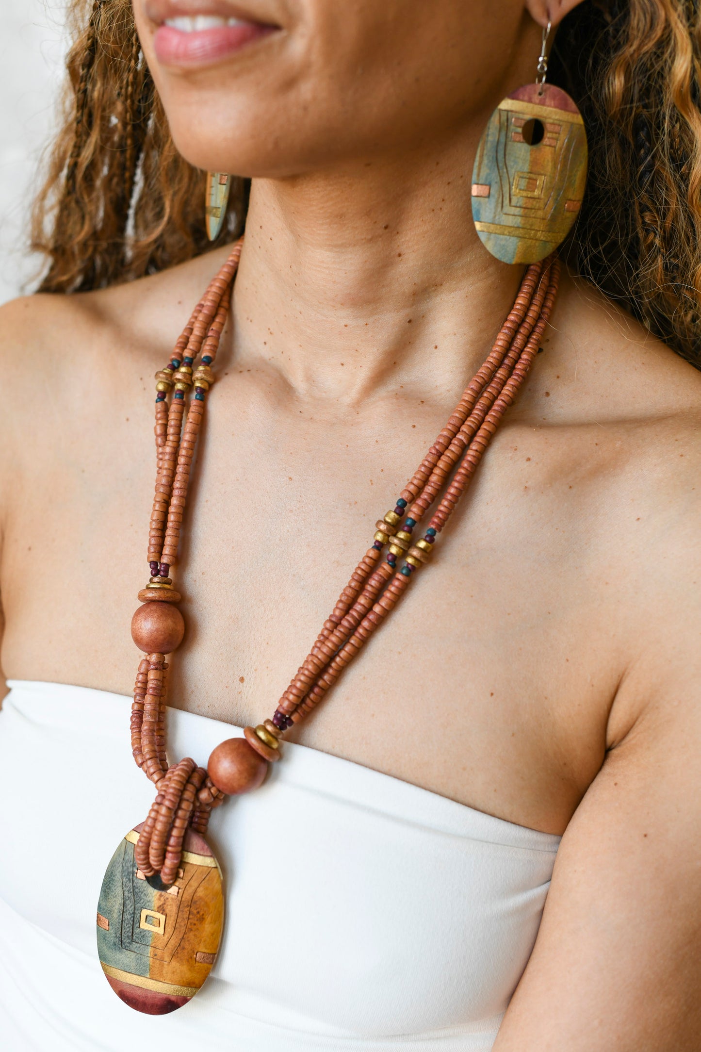 Vintage Large Wood Medallion Boho Necklace