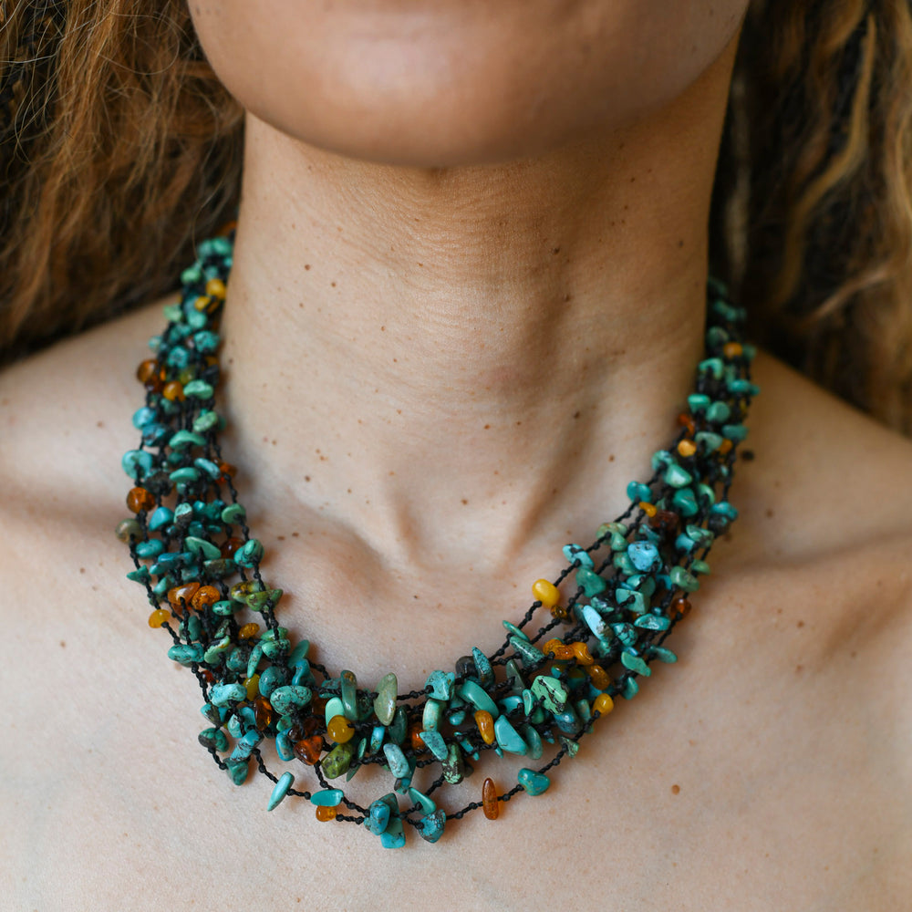Vintage Turquoise & Amber Bib Necklace