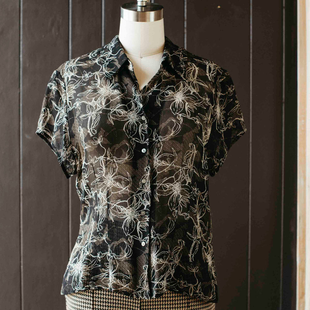 Pre- loved Sheer Black & Cream Floral Blouse - Size L