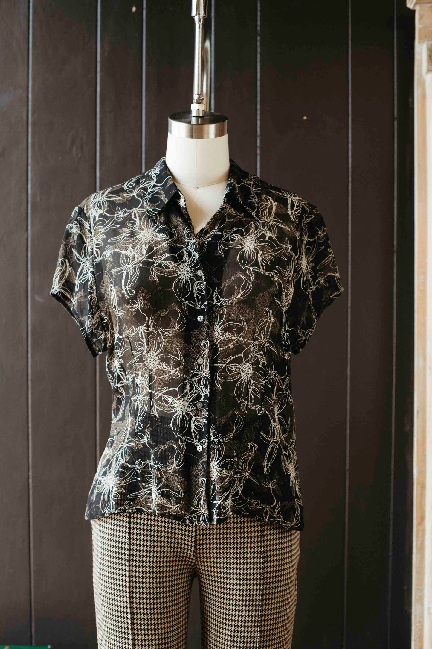 Pre- loved Sheer Black & Cream Floral Blouse - Size L