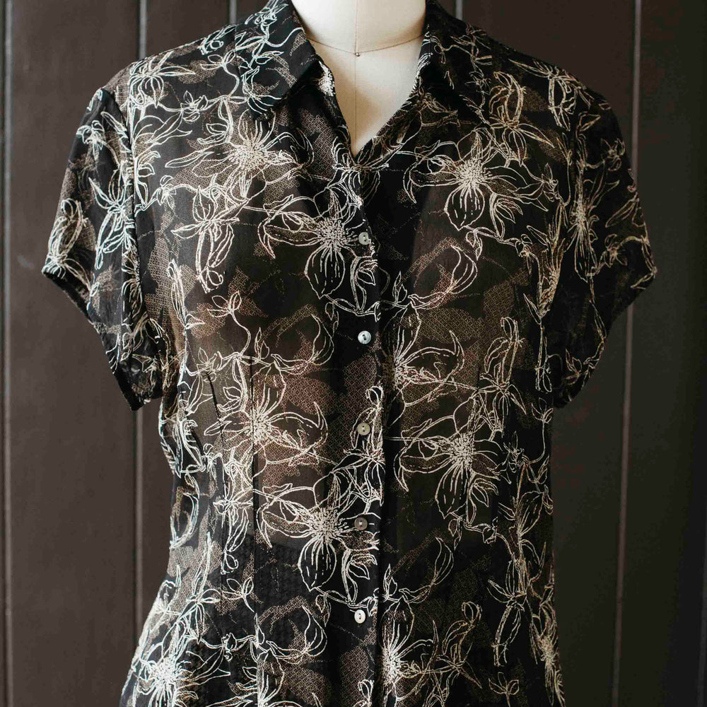 Pre- loved Sheer Black & Cream Floral Blouse - Size L