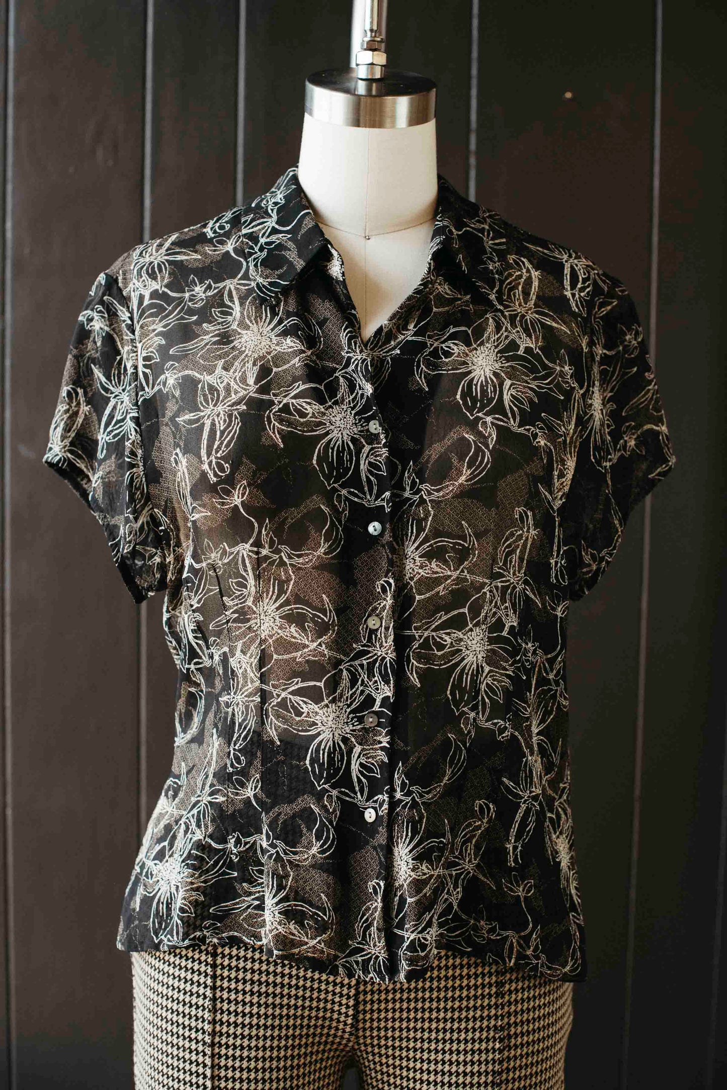 Pre- loved Sheer Black & Cream Floral Blouse - Size L