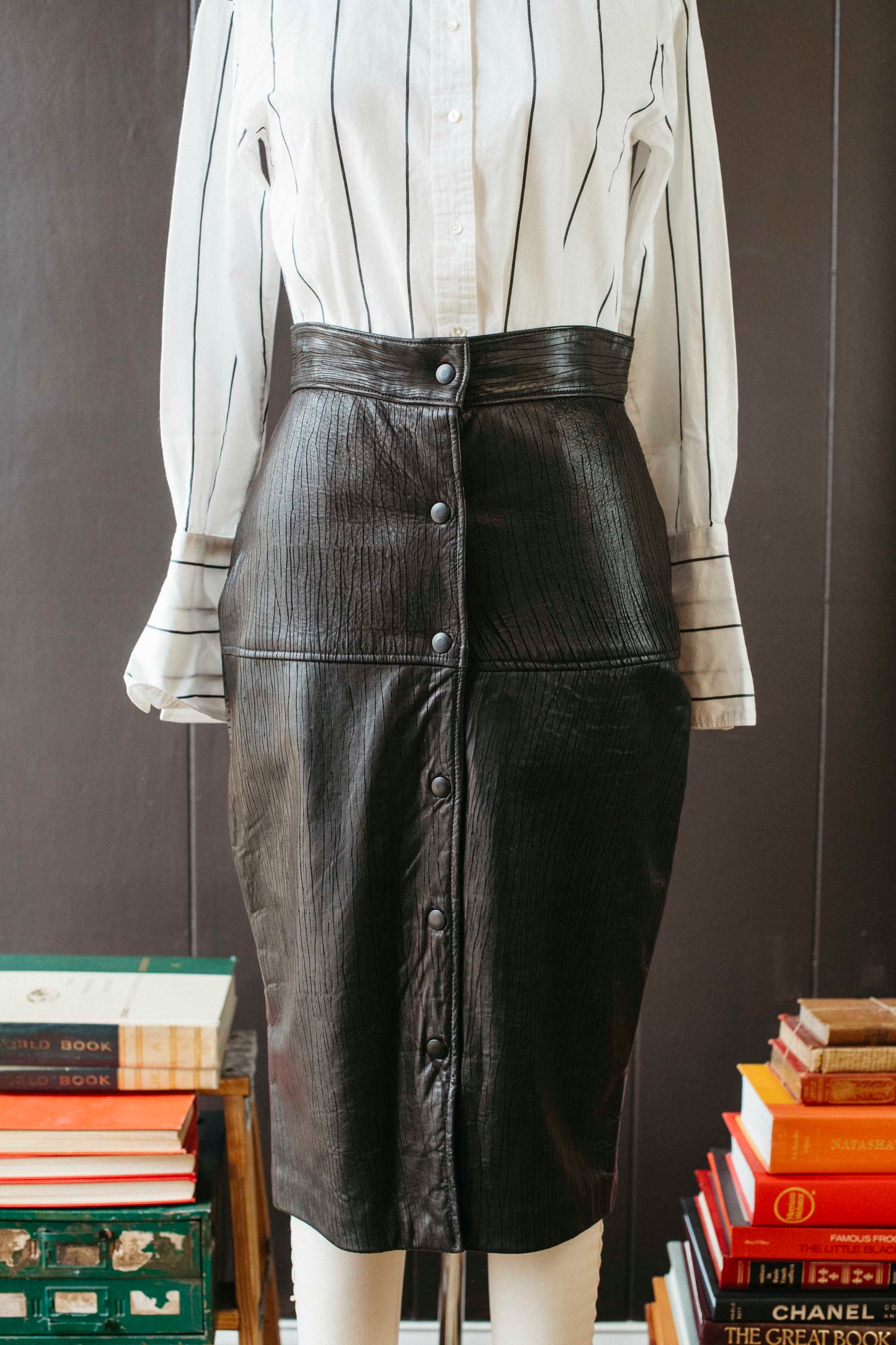 Vintage Black Leather Snap Front Pencil Skirt - Size S