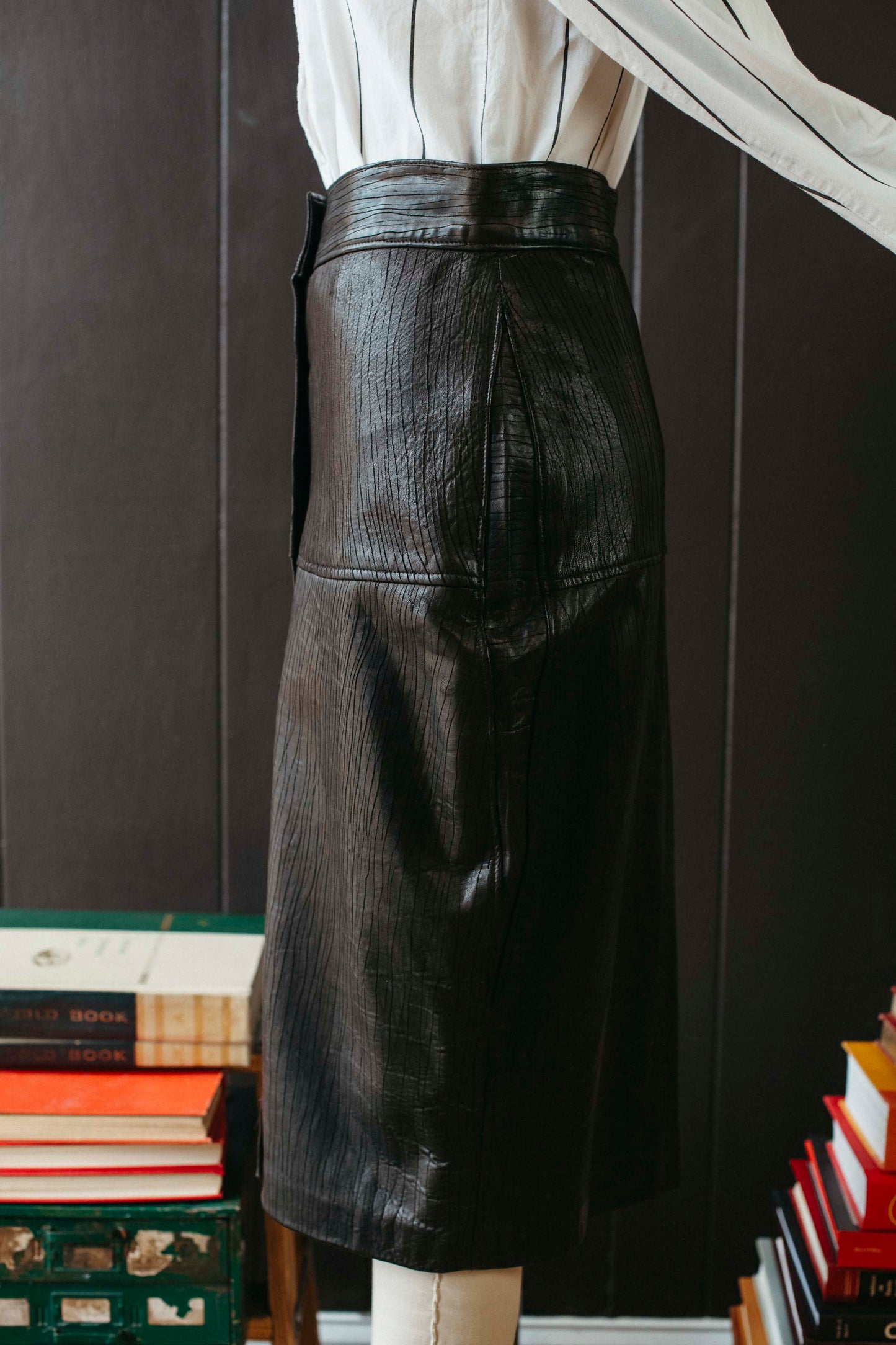 Vintage Black Leather Snap Front Pencil Skirt - Size S