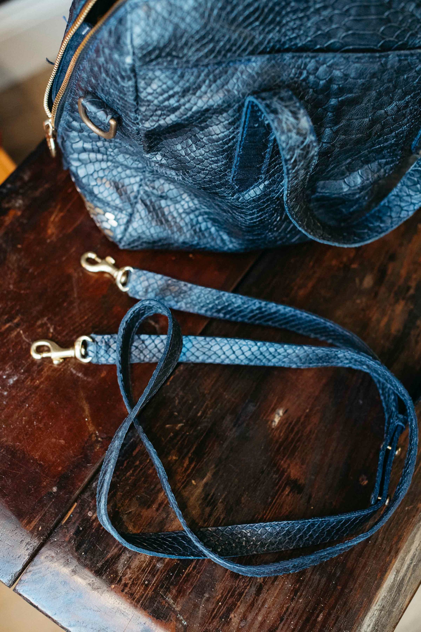 Pre-loved Luxury Calleen Cordero Navy Snake Embossed Leather Handbag