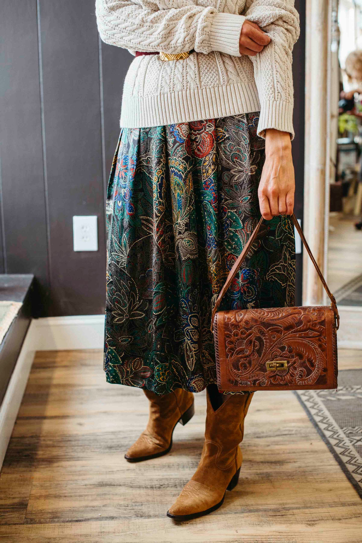 Pre-loved Shiny Paisley Pleated Midi Skirt - Size XS