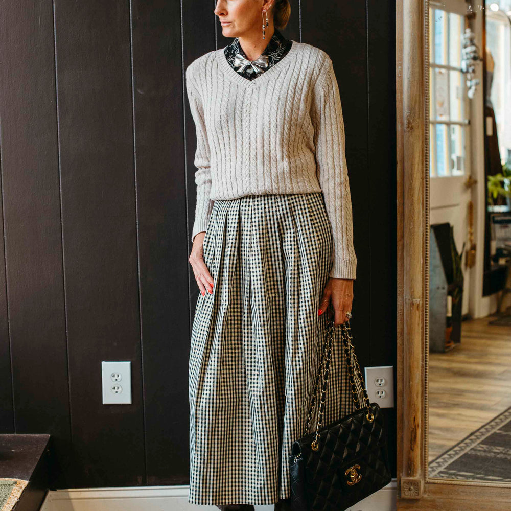 
                      
                        Pre-loved Metallic Black & White Checked Midi Skirt - Size XS/S
                      
                    
