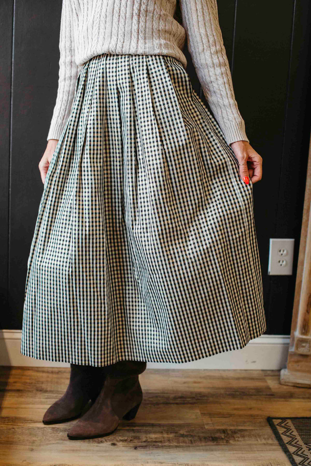 Pre-loved Metallic Black & White Checked Midi Skirt - Size XS/S