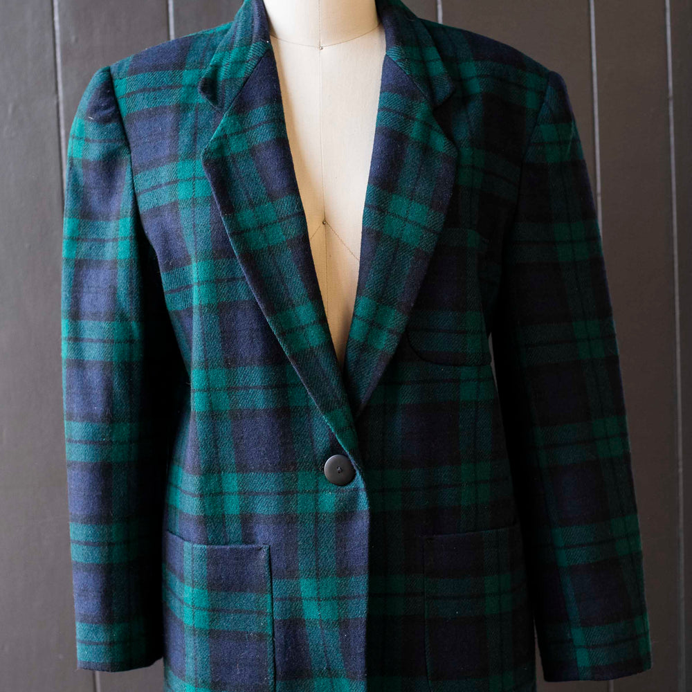 Vintage Navy & Green Tartan Plaid Blazer - Size M
