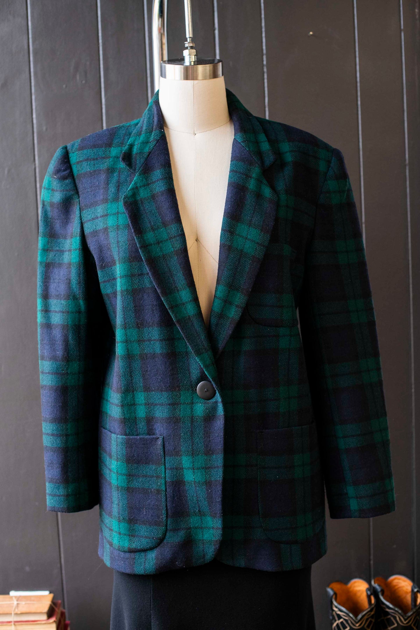 Vintage Navy & Green Tartan Plaid Blazer - Size M