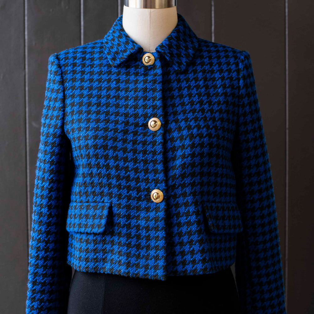 Pre-loved Blue & Black Houndstooth Crop Blazer - Size M