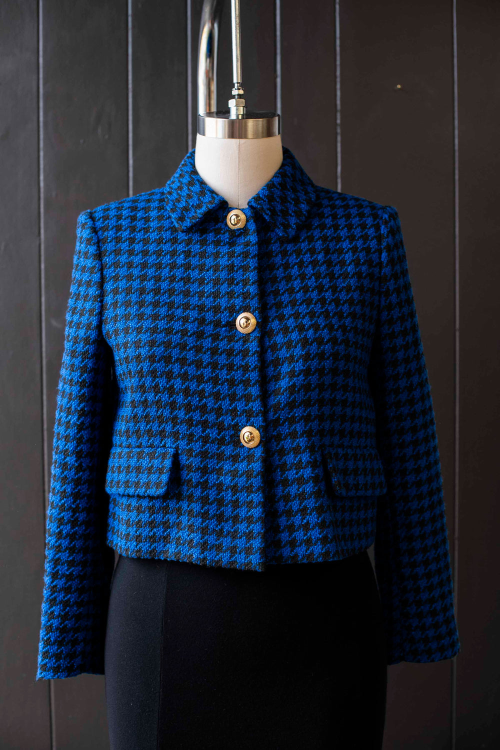 Pre-loved Blue & Black Houndstooth Crop Blazer - Size M