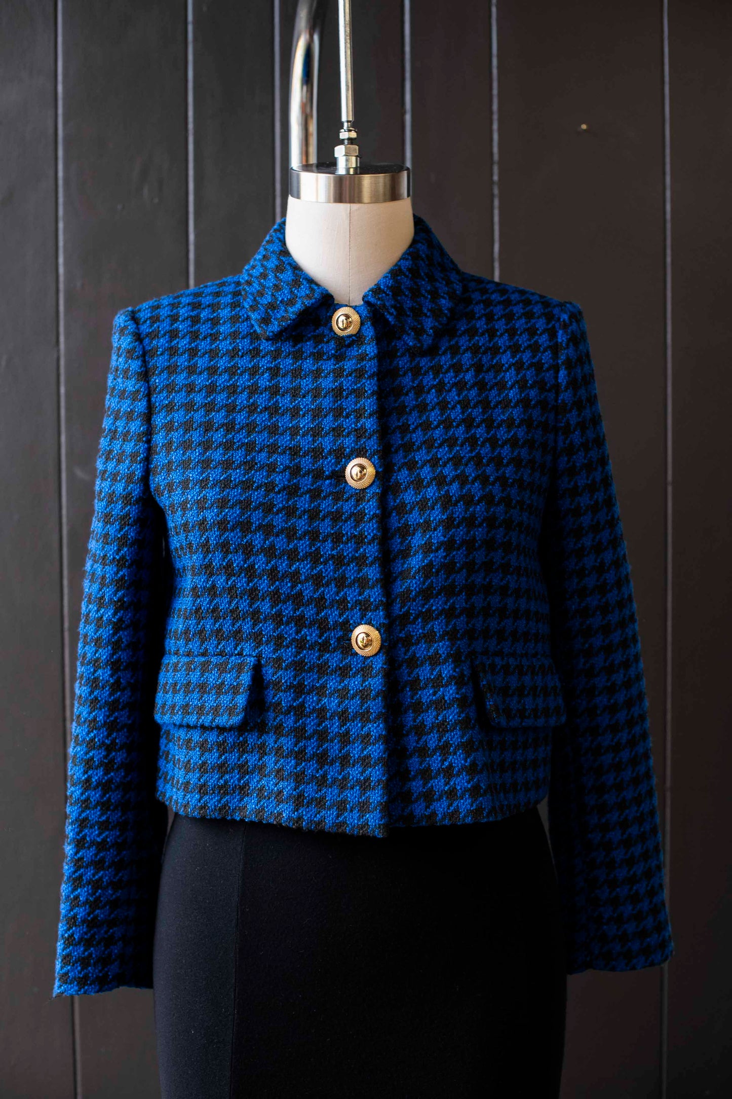Pre-loved Blue & Black Houndstooth Crop Blazer - Size M