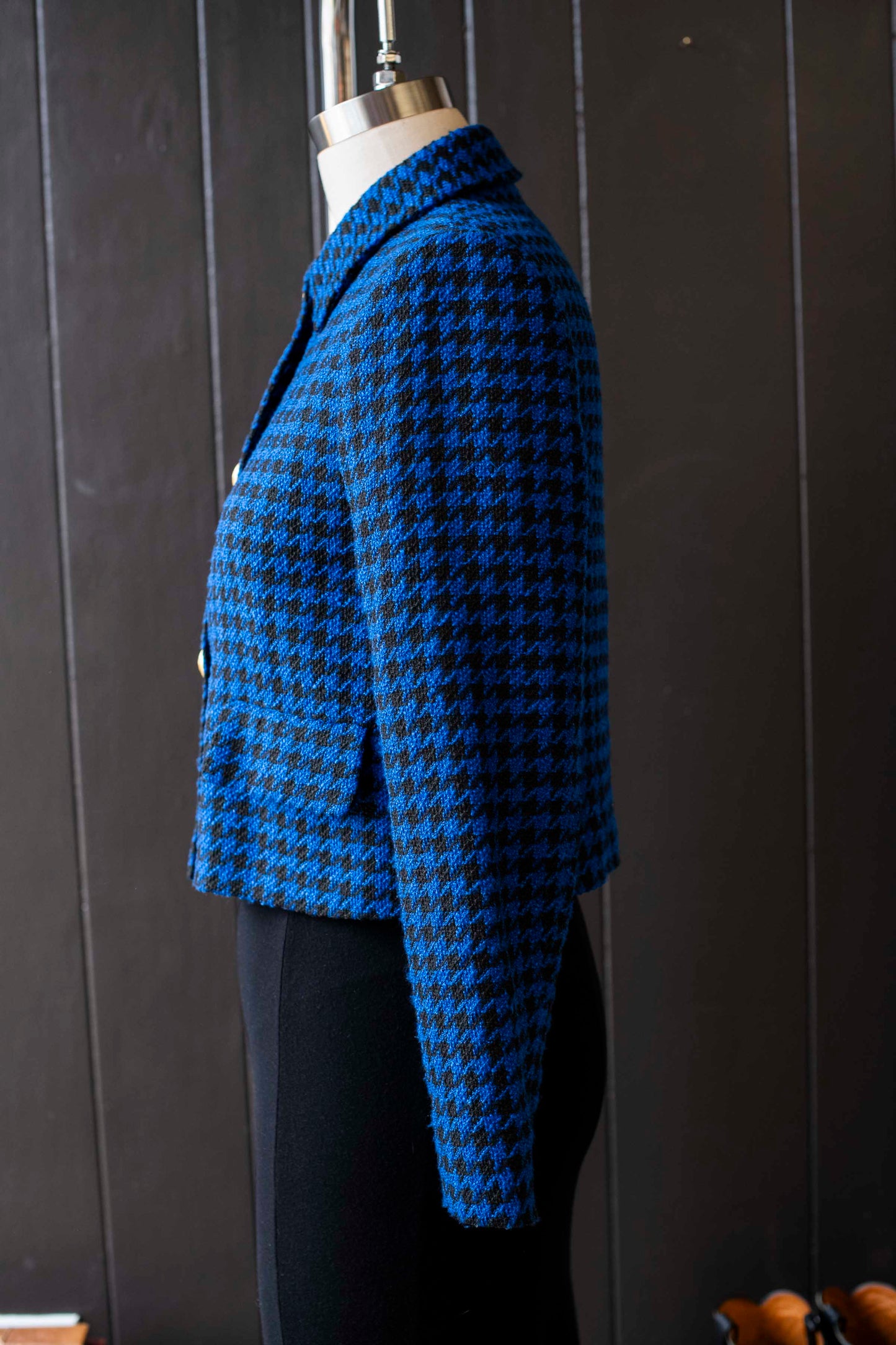 Pre-loved Blue & Black Houndstooth Crop Blazer - Size M