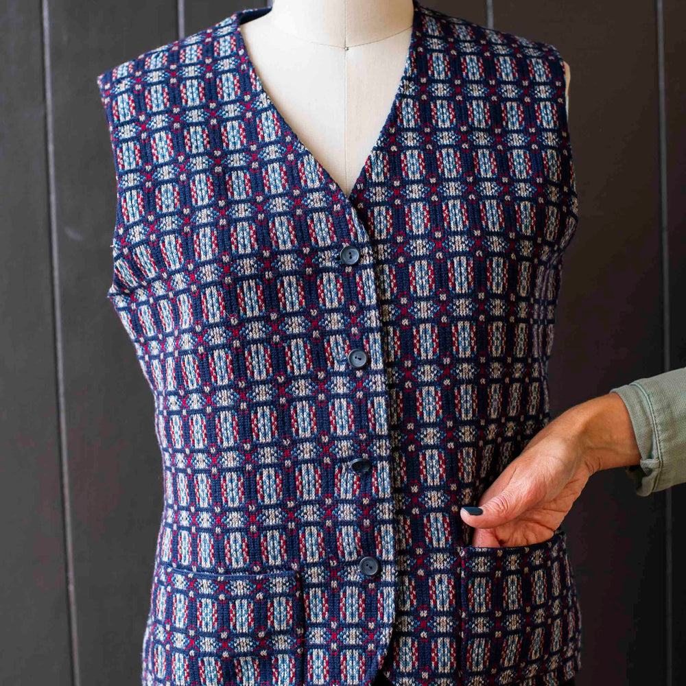 Vintage Navy Blue & Red Handmade Knit Vest - Size S