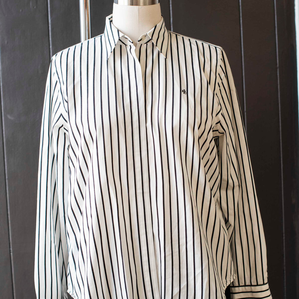 Pre-loved White Lauren Ralph Lauren Black Striped Shirt- Size L