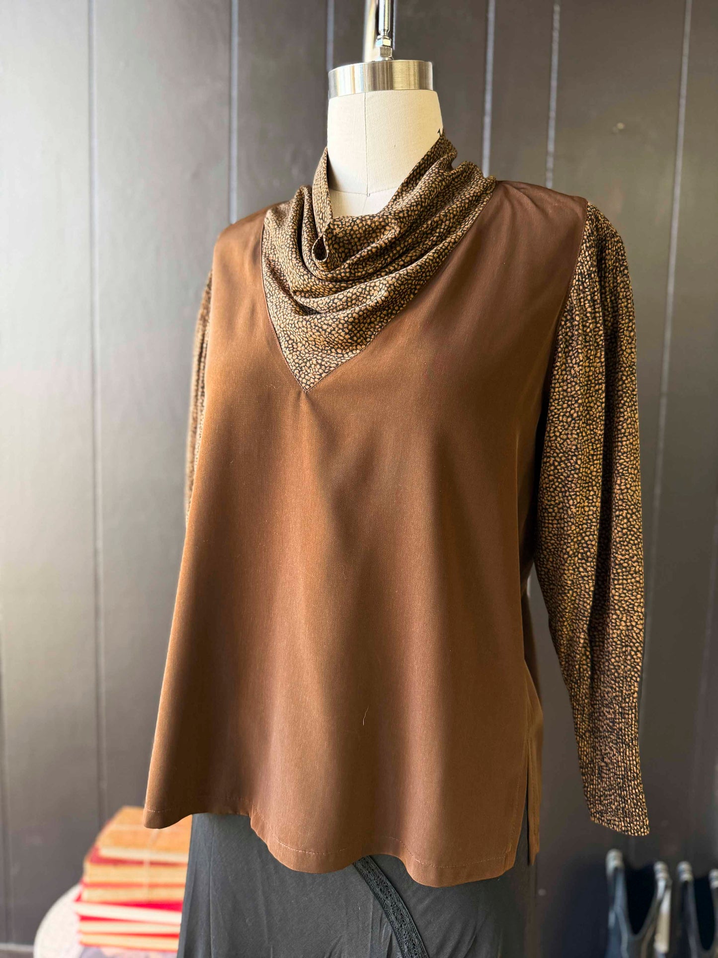 Vintage Brown Cowl Neck Blouse - Size XL
