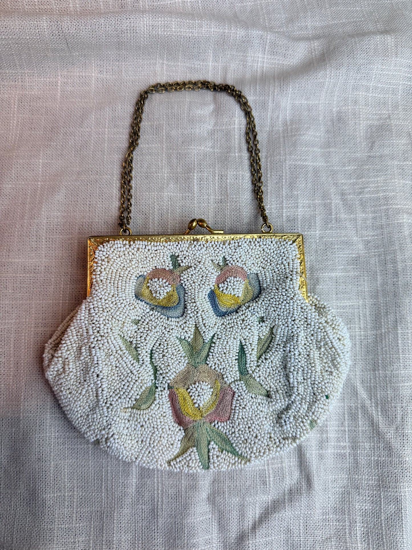 Vintage White Beaded Mini Purse With Floral Design
