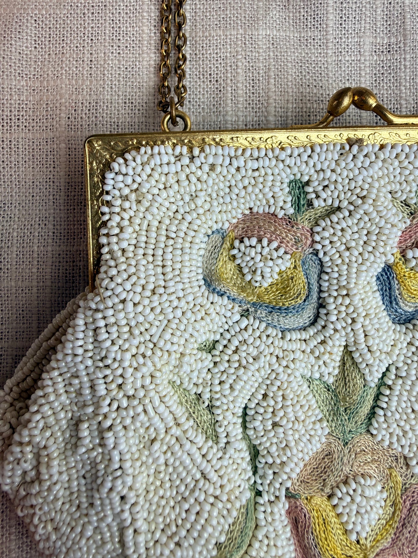 Vintage White Beaded Mini Purse With Floral Design
