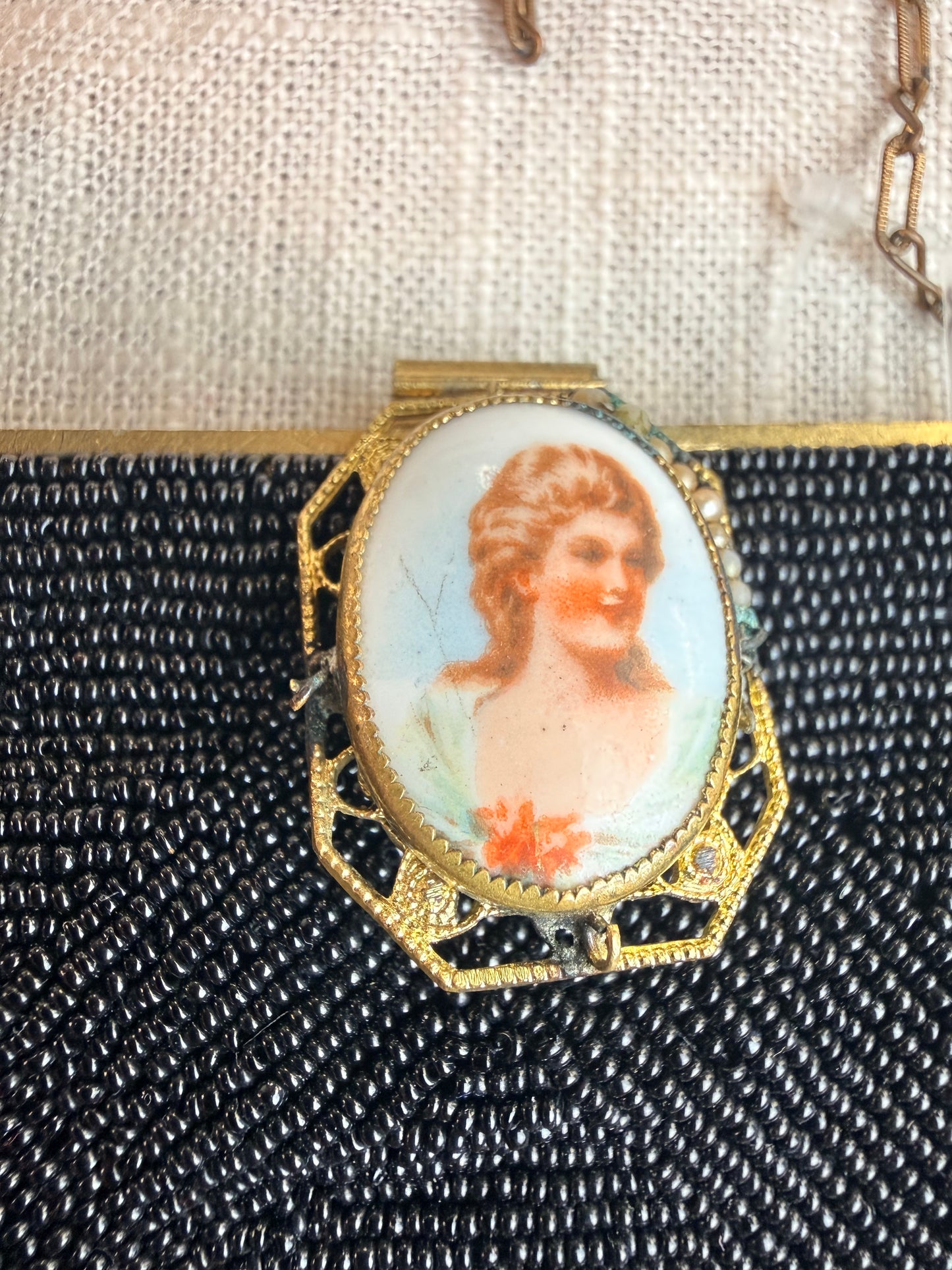 Vintage Black Beaded Mini Purse With Cameo