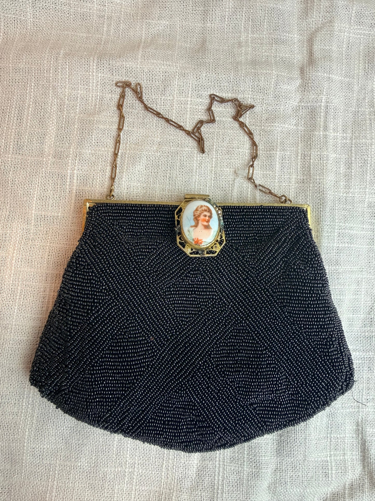 Vintage Black Beaded Mini Purse With Cameo