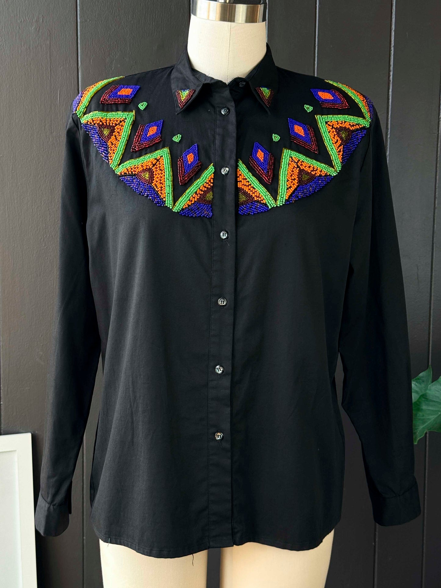 Vintage Cedars Black Multicolor Beaded Western Button Up - Size L