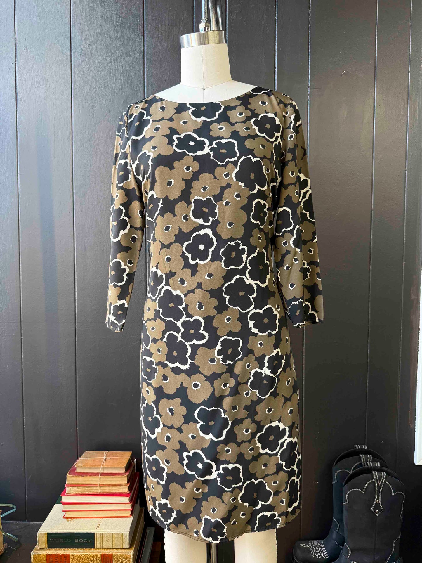 Pre-loved Olive & Black Floral Dress - Size S