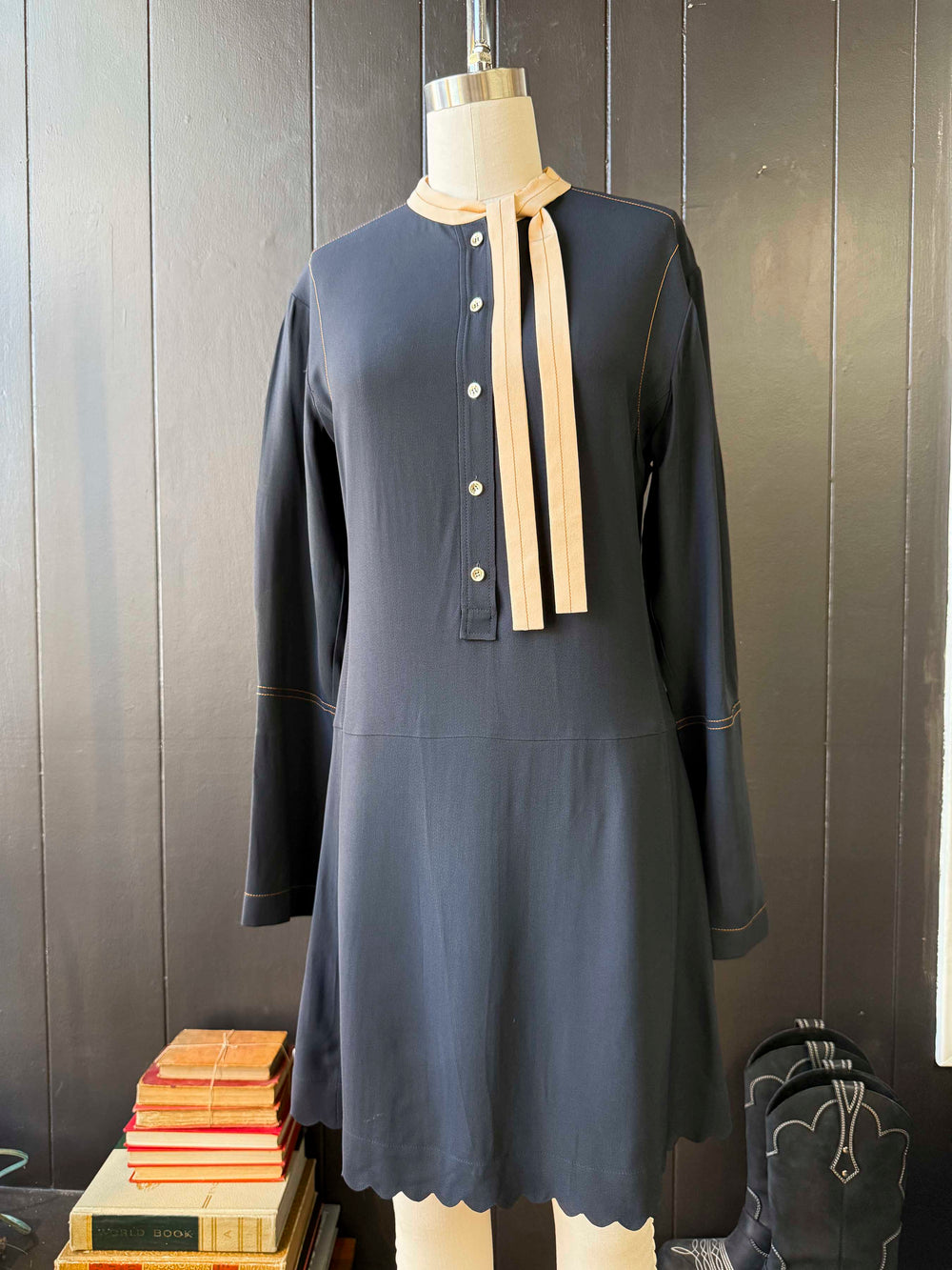 Pre-loved Chloe Navy/Pink Silk Quarter Button Long Sleeves Mini Dress - Size S