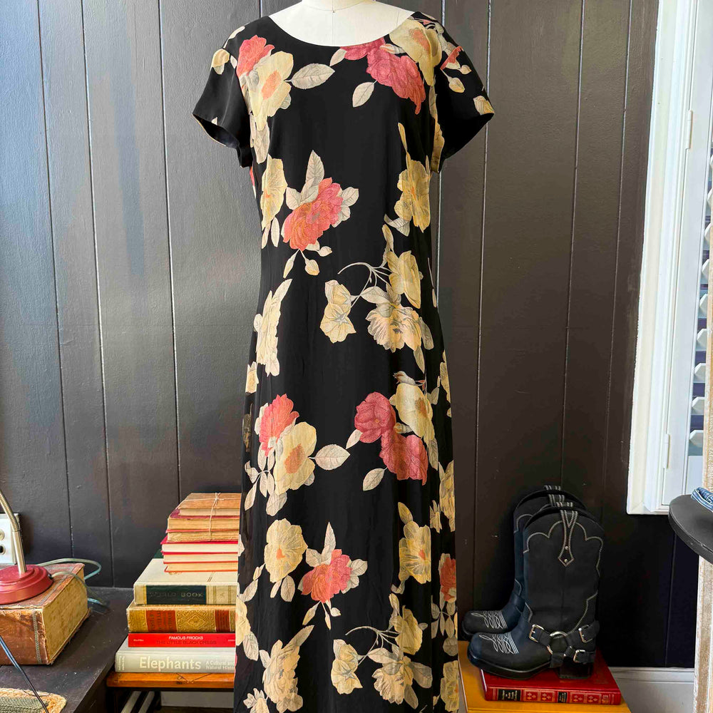 Pre-loved Black Gold & Pink Tie-back Floral Maxi Dress - Size M