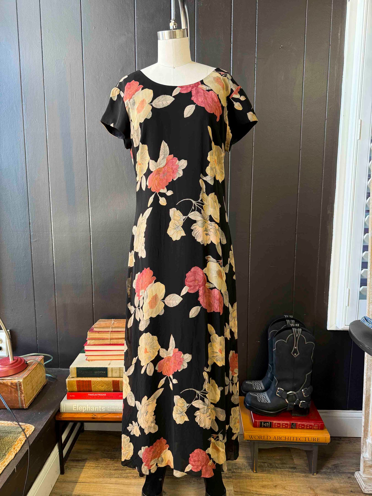 Pre-loved Black Gold & Pink Tie-back Floral Maxi Dress - Size M