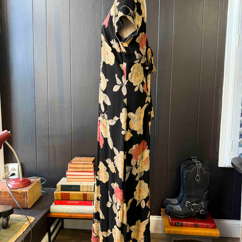 Pre-loved Black Gold & Pink Tie-back Floral Maxi Dress - Size M