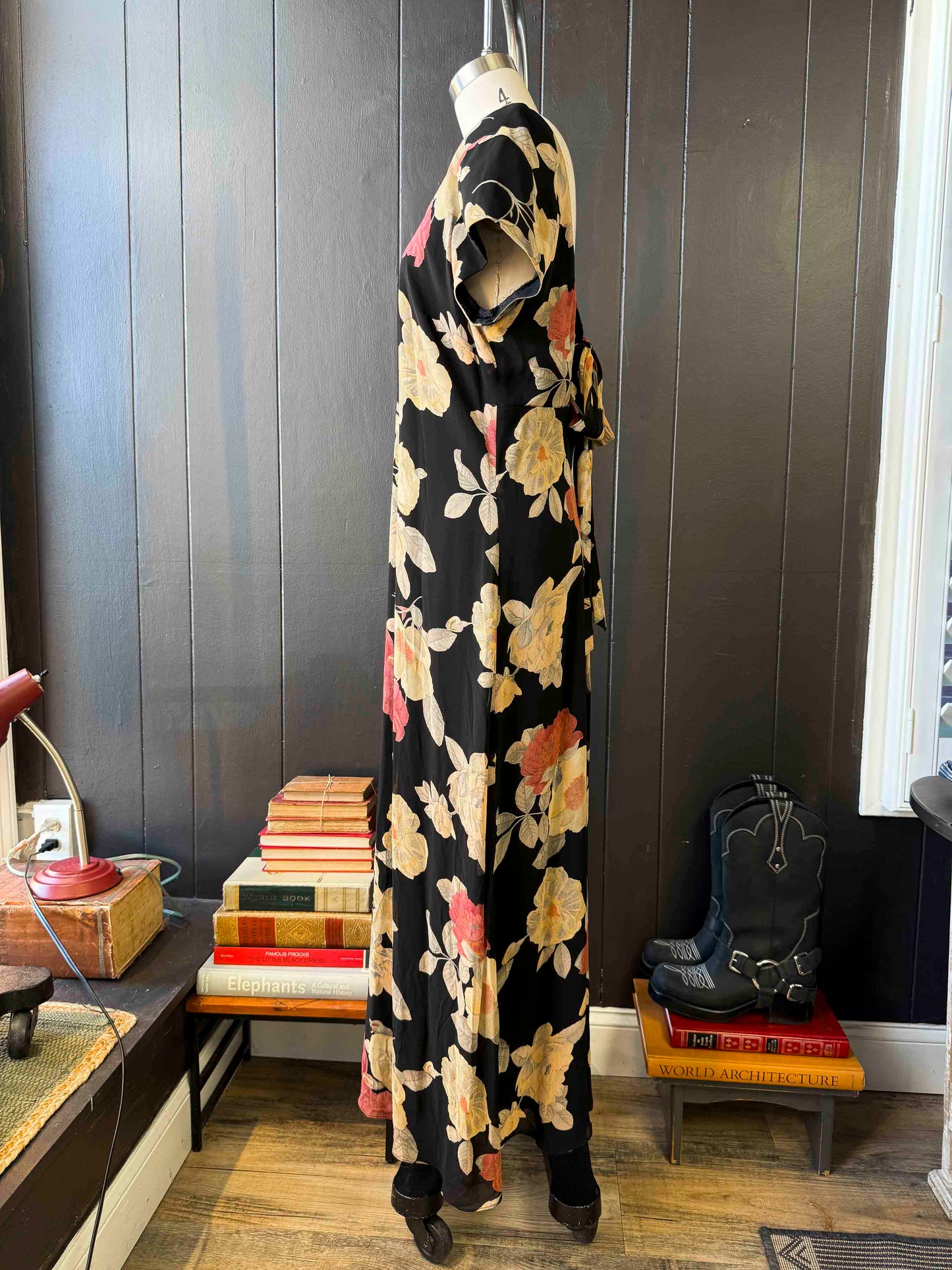 Pre-loved Black Gold & Pink Tie-back Floral Maxi Dress - Size M