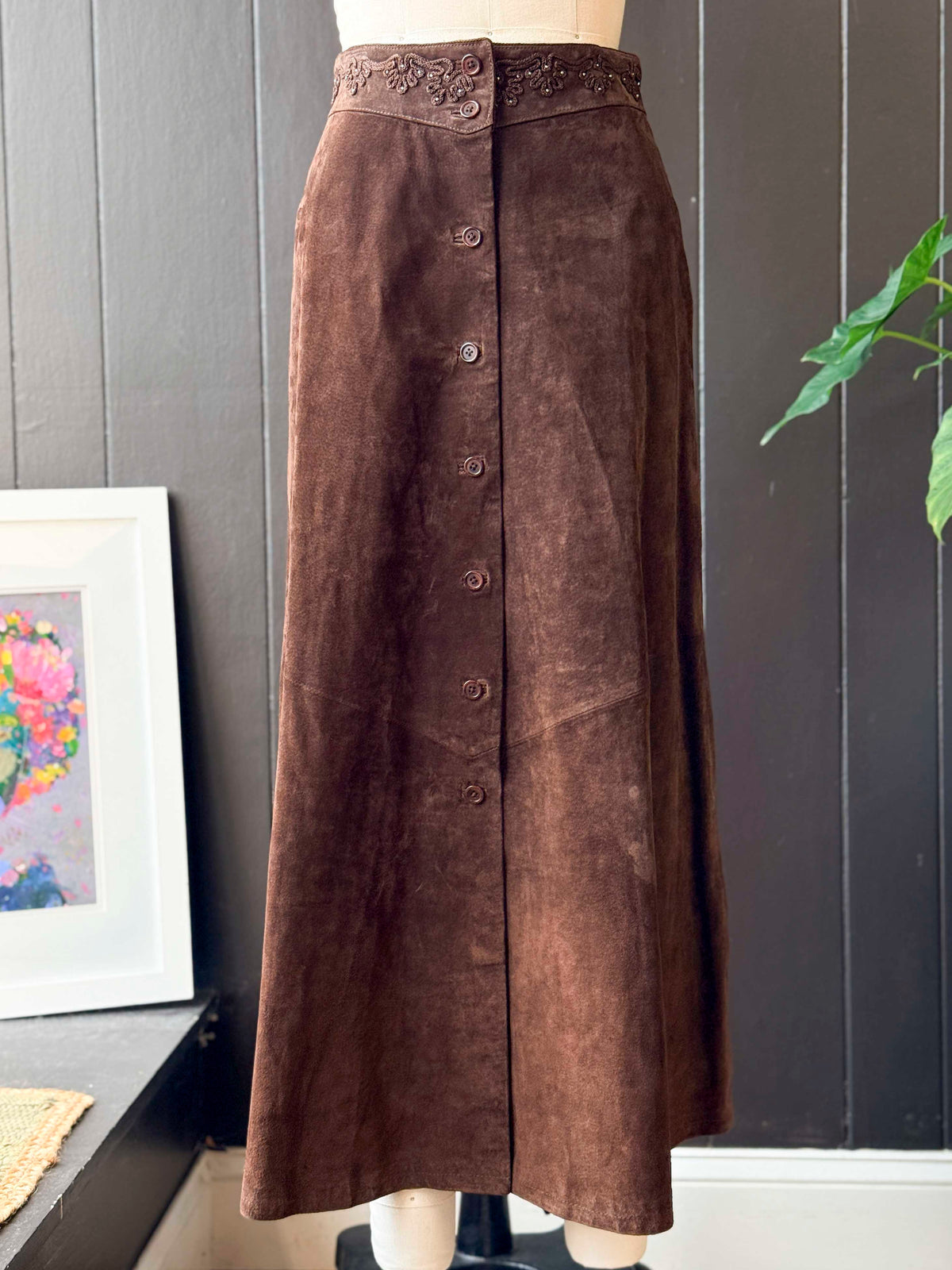 Vintage Scully Embroidered Trim Brown Suede Skirt - Size S