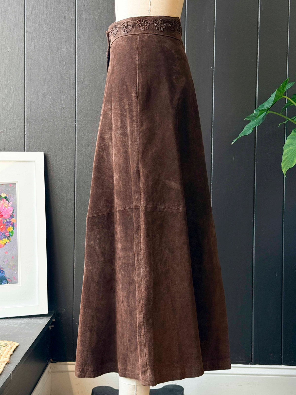 Vintage Scully Embroidered Trim Brown Suede Skirt - Size S