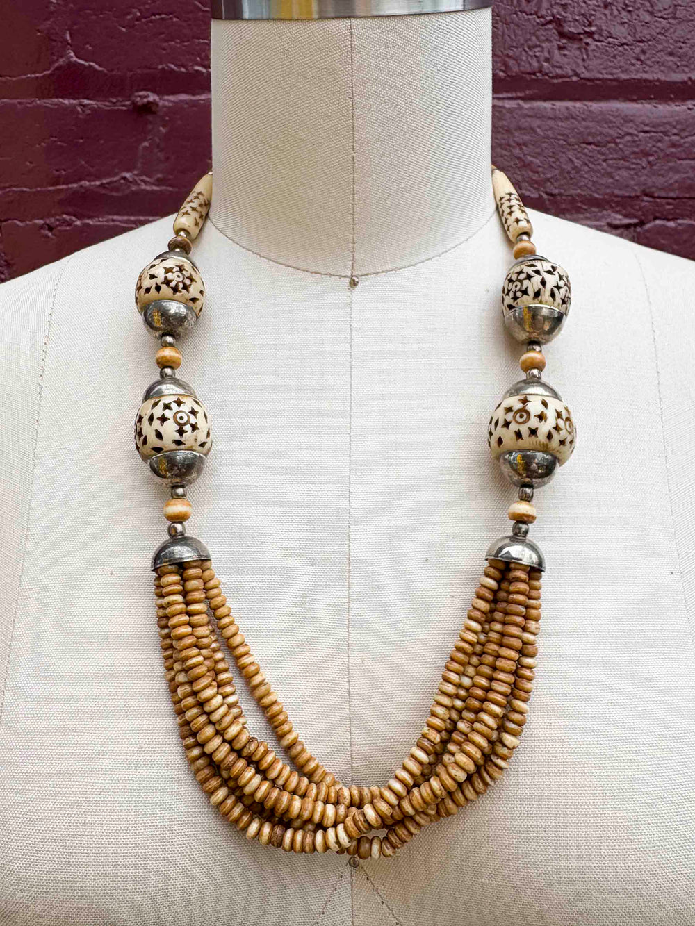 Vintage Metal & Carved Bone Necklace