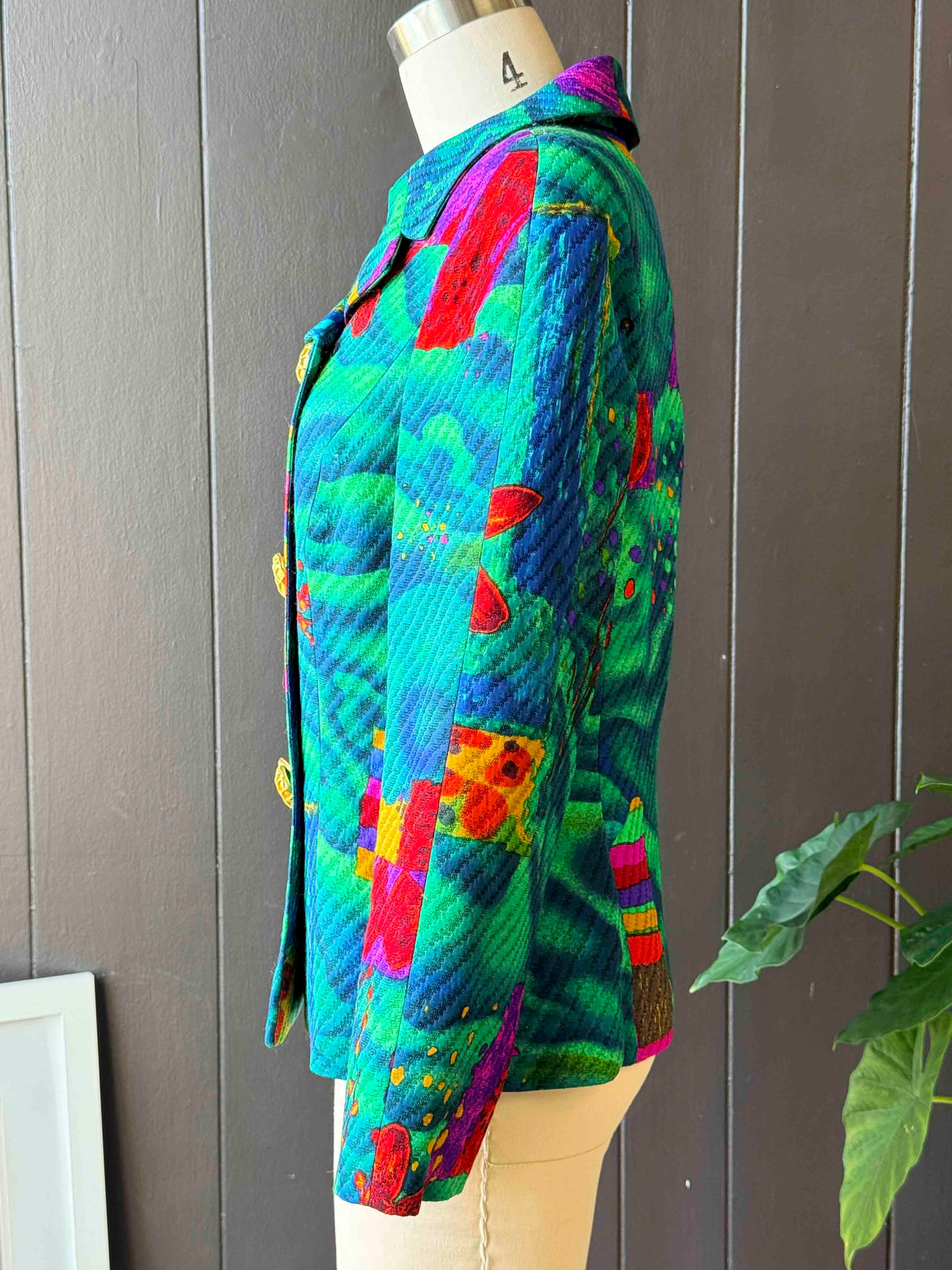 Vintage Louis Féraud Green & Multicolor Print Double Breasted Blazer - Size S