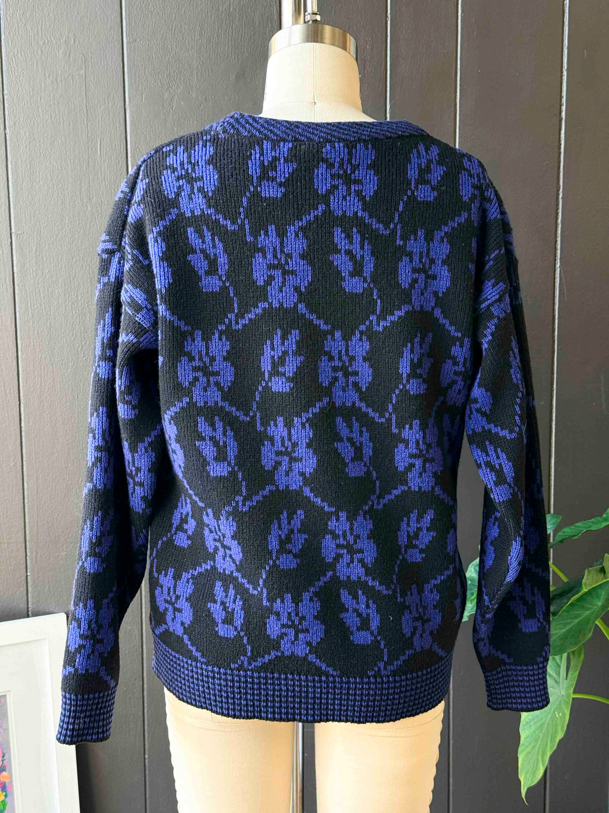 Vintage Laura Ashley Black and Blue Wool Sweater - Size S