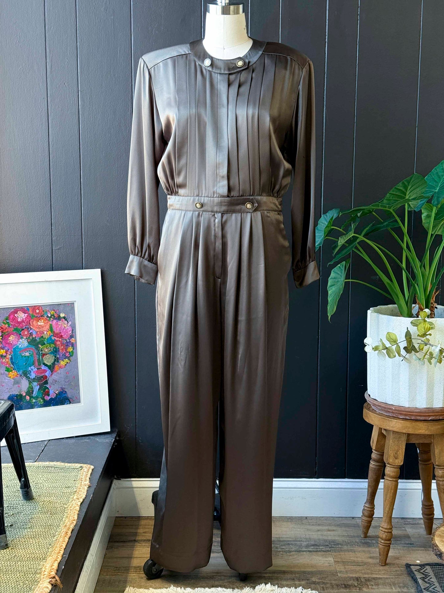 Vintage Liz Claiborne Army Green Long Sleeve Satin Jumpsuit - Size L
