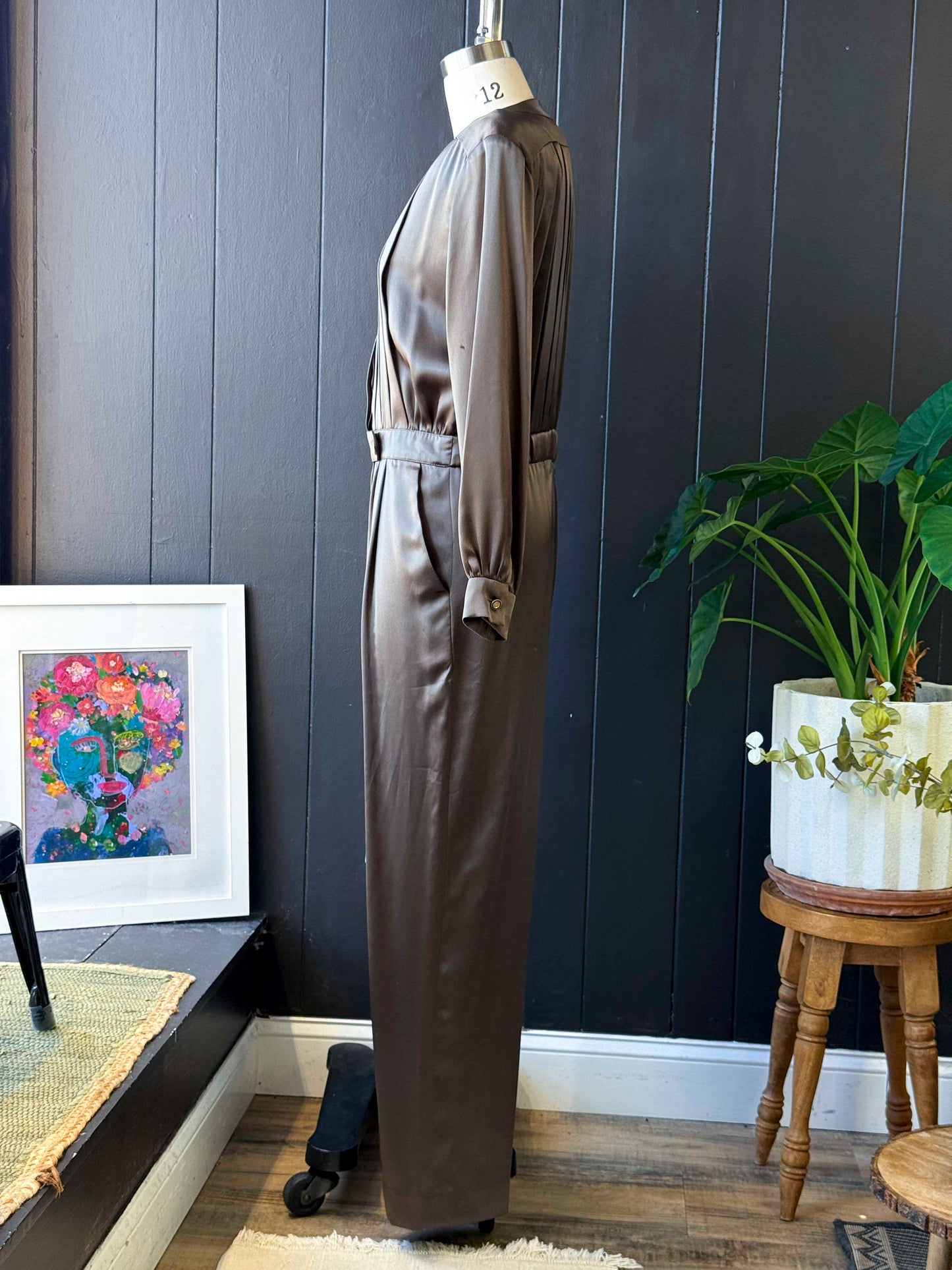 Vintage Liz Claiborne Army Green Long Sleeve Satin Jumpsuit - Size L