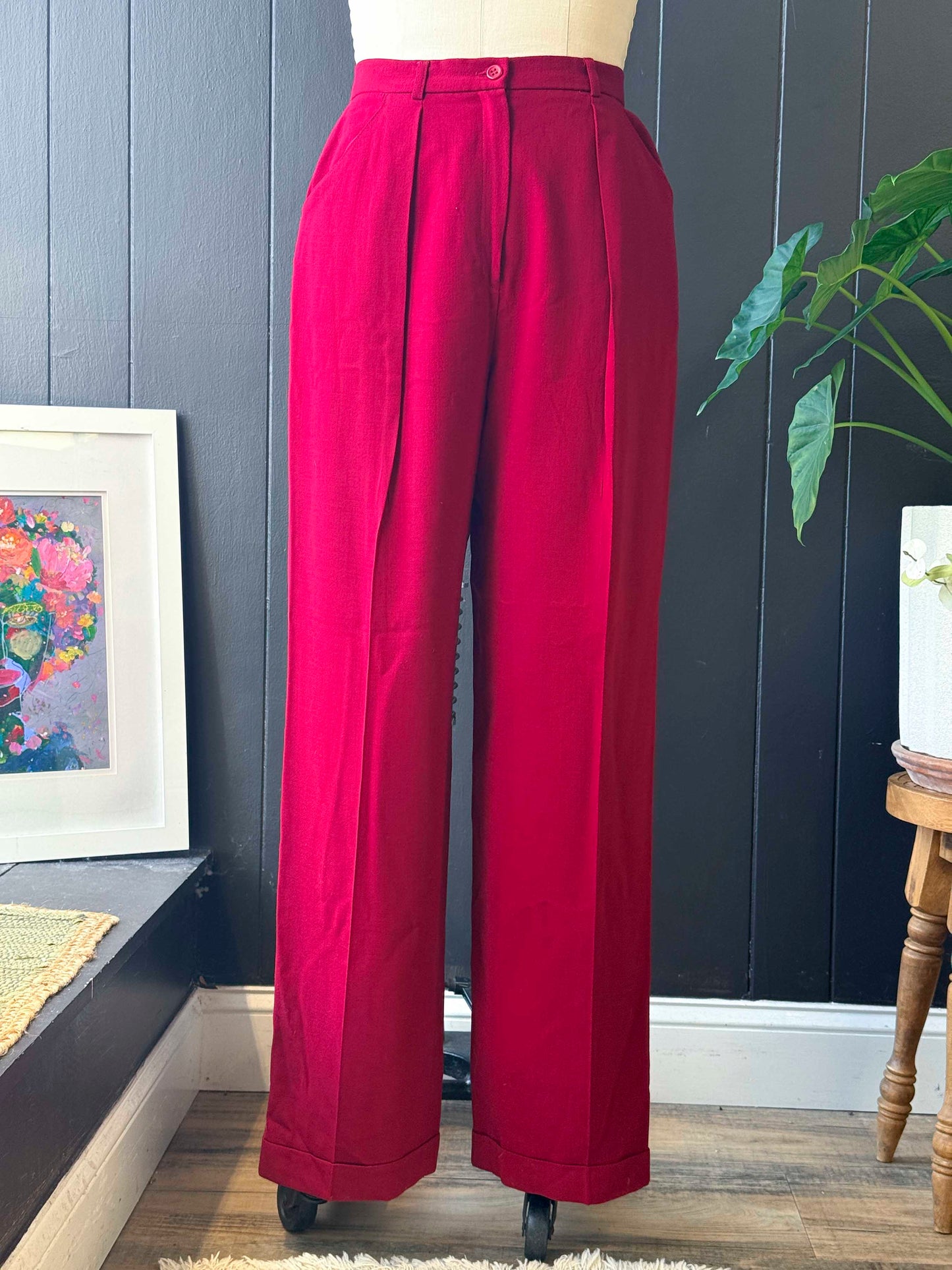 Vintage Jones New York Red Wool Pleated Wide Leg Trouser - Size M